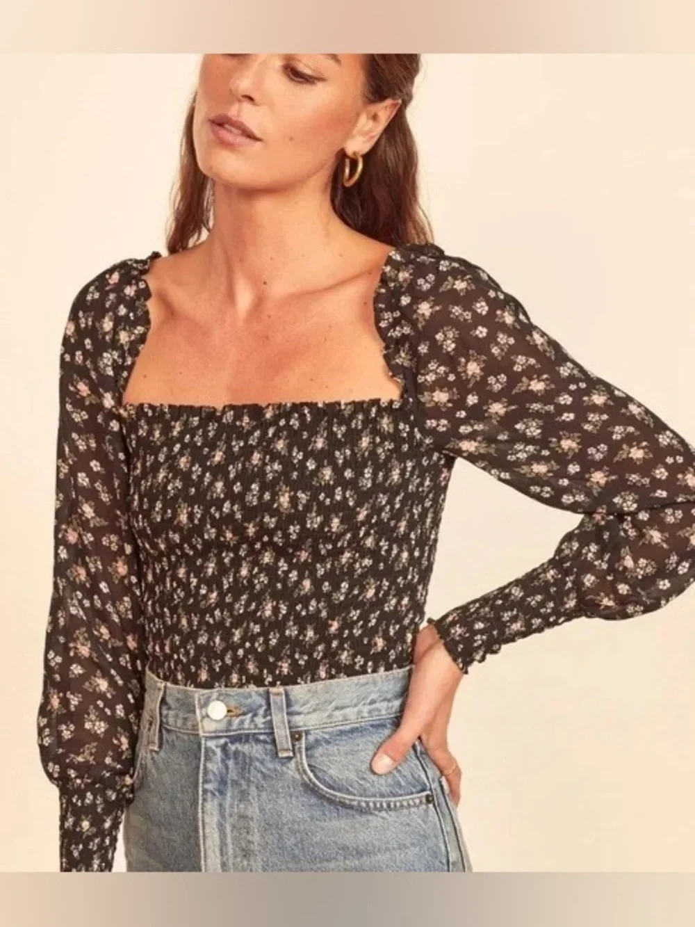 Reformation Pinto Smocked Floral Top Black Freesia Size S